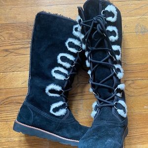 UGG Black Cream Lace-up Knee High Shearling Tall Boots Size 8.5